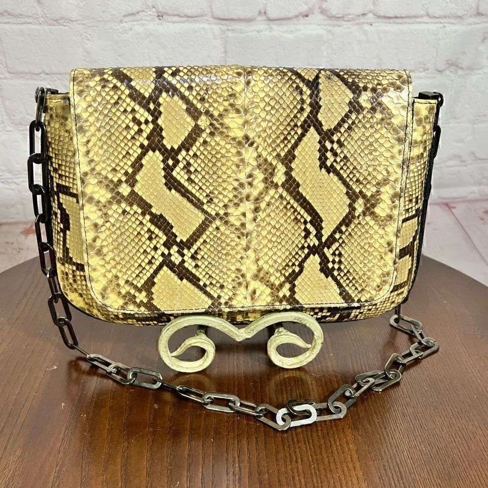 STUART WEITZMAN PYTHON SNAKESKIN & linen shoulder bag gunmetal chain strap - Picture 1 of 12